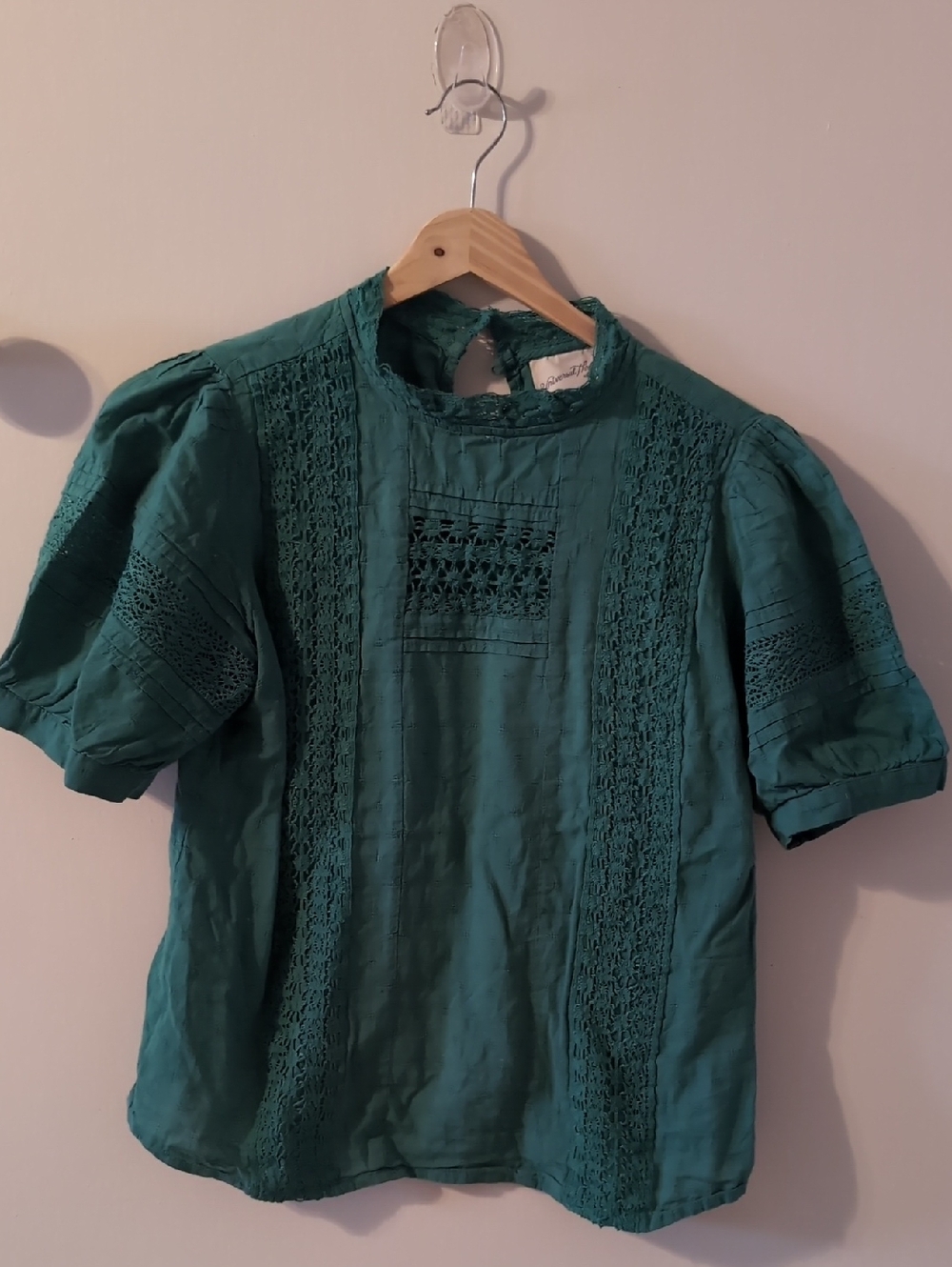 Green Lace Panel Puff Sleeve Blouse